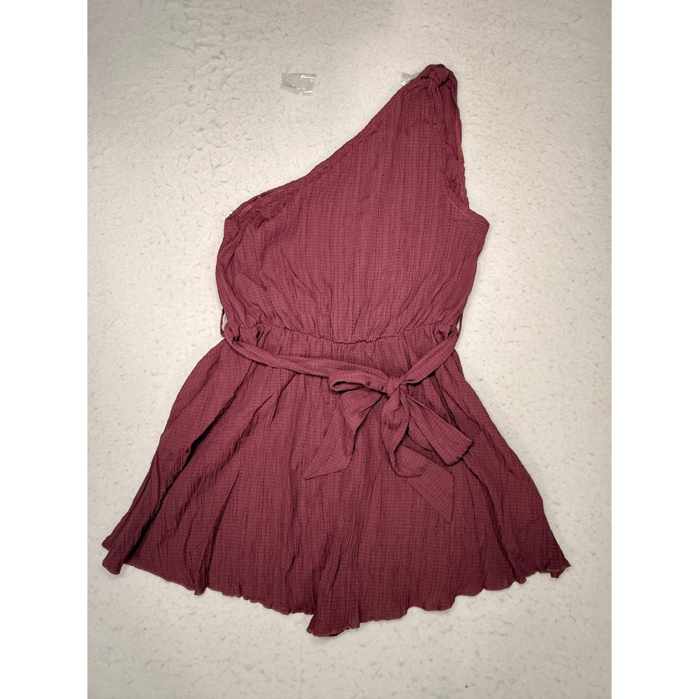 Womens One Shoulder Romper Burgundy Crinkle Gauze Tie Waist Size Large